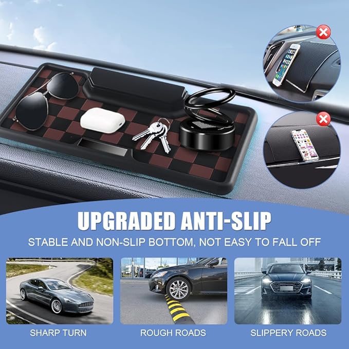 NHHEO Car Anti Slip Mat Dashboard Tray Decorations Sticky Pad Multi Functional Thicken Washable Checkerboard Design with Universal Number Plate for Aromatherapy Sunglasses Key(Black&Brown)