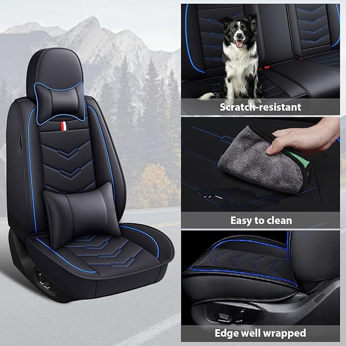 MVRVMV Luxury Car Seat Covers for Ford Explorer 2012-2026, Nappa Leather Auto Seat Cover with 2 Neck Pillows and 2 Lumbar Supports (5 Seat Luxury, Black-Blue)