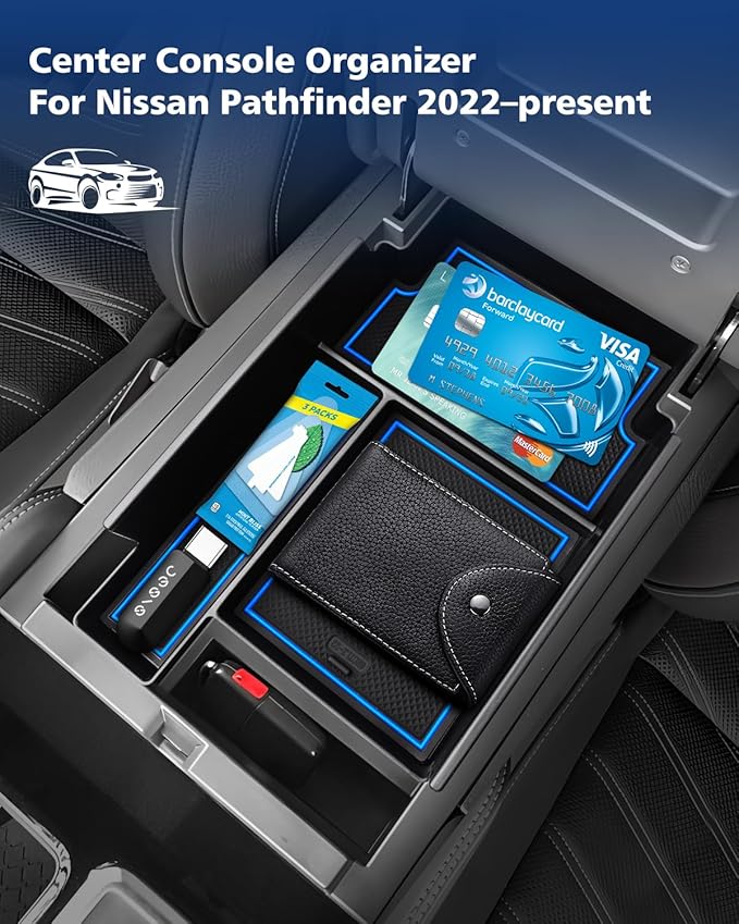 FIILINES Center Console Organizer for Nissan Pathfinder 2022-2026, Center Console Tray Secondary Armrest Storage Box ABS Insert Container with Anti-Slip Mats