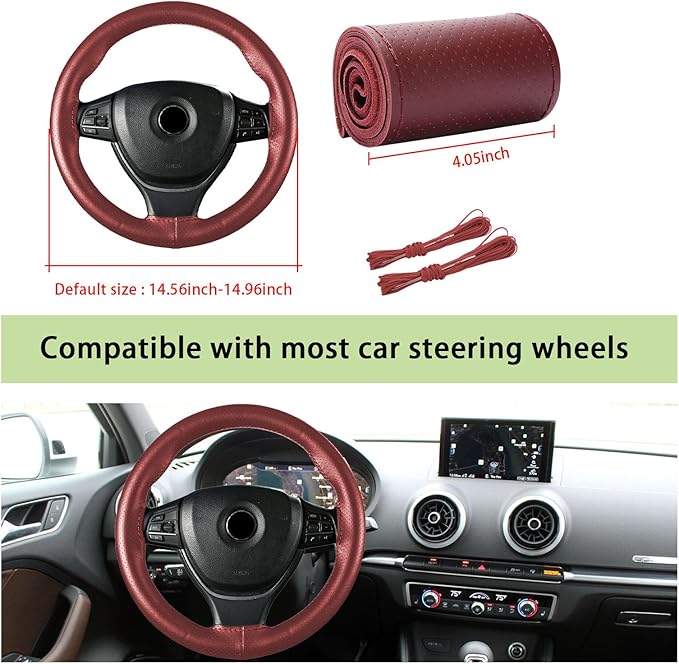 Kewucn Genuine Leather Steering Wheel Cover, 15" Universal Car Steering Wheel Protector with Needle Thread, Breathable Anti-Slip Steering Wheel Cover DIY Stitch on Wrap (Wine Red, Full Hole)