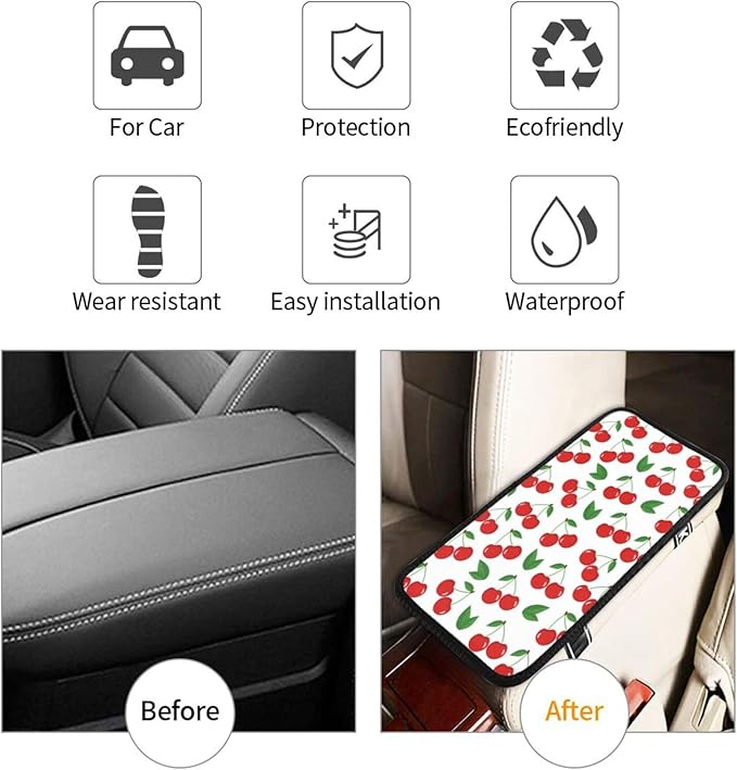 DORKEIXIA Fruit Cherry Red Cherries Leaves Leaf White Auto Center Console Armrest Pad Universal Car Center Console Cover Seat Box Cover for Sedan, Van, SUV, Truck Car Accessorie