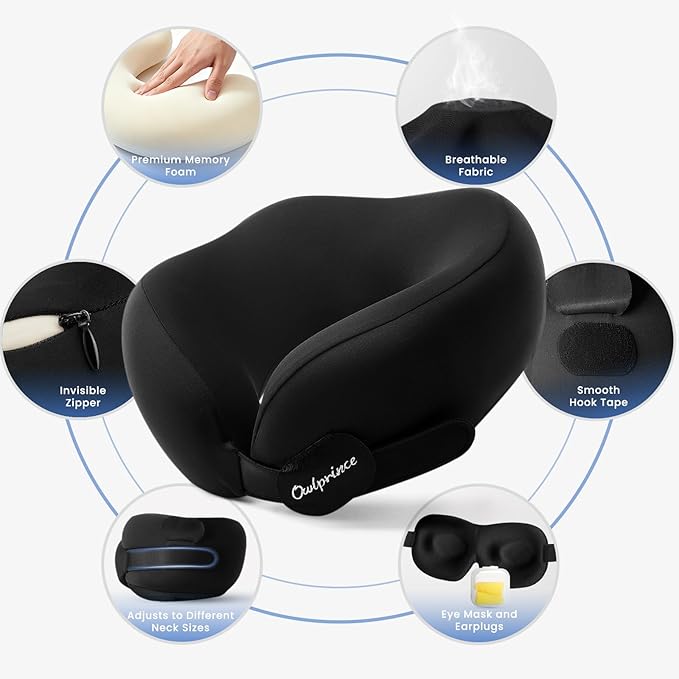 Owlprince Travel Neck Pillow for Airplane, Neck Travel Pillow, Upgraded Soft 100% Pure Memory Foam - Lightweight and Stowable - Ergonomic Design for Long Flights, Car, Train, Office Use