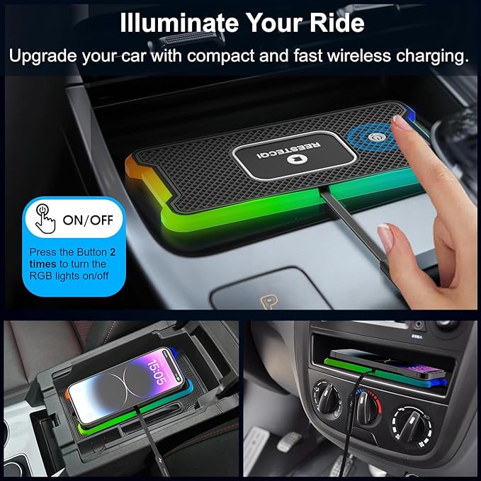 Wireless Car Charger Pad, REESTECQI 15W RGB Wireless Charger for Car Type C Non Slip Charging Pad for Car Compatible with Airpods iPhone 16/15/14/13/12,Samsung Google (30CM Cable)