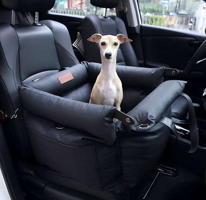 FUNNYFUZZY Leather Dog Car Seat for Small ＆ Medium Sized Dogs Up to 35lbs, Waterproof and Washable Dog Booster Seat Car Bed for Travel and Home,Portable and Safety(Black)