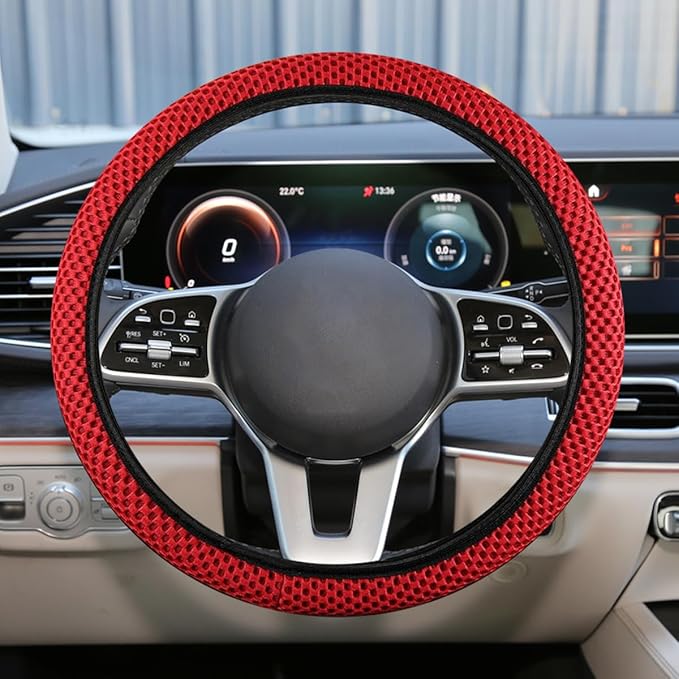 Elastic Stretch Steering Wheel Cover, Anti-Slip 15 inch Microfiber Odorless Breathable Ice Silk Car Steering Wheel Protector, Easy Carry, Warm in Winter & Cool in Summer (Red)