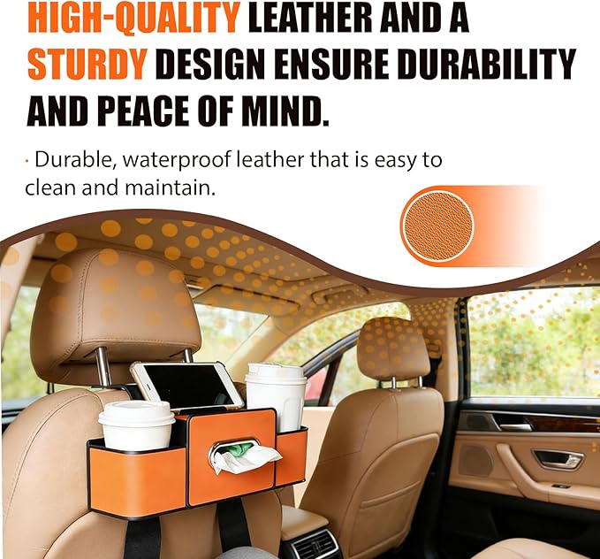 Car Backseat Organizer Multifunction Storage Box Vehicle Seat Accessories Cup Tissue Trash Hooks Phone Snack Drink Handbag Leather Interior Utility Portable Durable Easy Installation Secure(Brown)