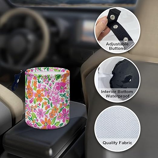 Colorful Floral Car Garbage Can Mini Car Trash Bin Hanging Headrest with Adjustable Buttons Multipurpose Car Organizer AutoAccessories