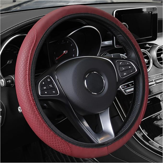 Leather Steering Wheel Cover,Anti Slip Car Steering Wheel Cover for Car Decorations & Steering Wheel Protections,Universal 15Inch Wheel Cover Car Interior Accessories for Men & Women (Burgundy)
