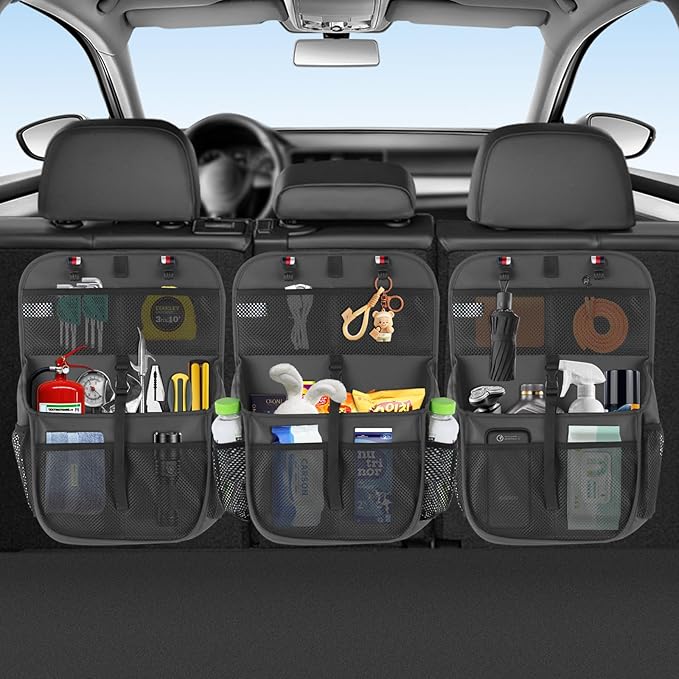 Hanging Car Trunk Organizer and Storage, Premium Faux Leather Large Capacity Storage Accessories, Backseat Car Organizer for SUV/MPV/Truck (1, Black)