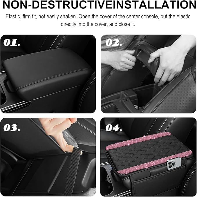 NBTEPEM Bling Car Center Console Cover, Leather Car Arm Rest Cover Cushion with 2 Storage Bags, Universal Automotive Armrest Protector Storage Box, Bling Accessories Interior for Most Vehicles (Pink)