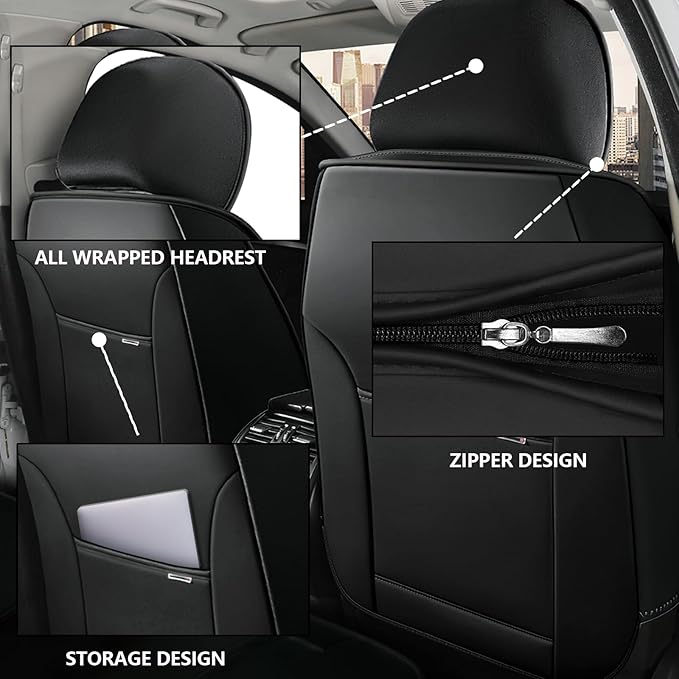 Iceleather Luxury Car Seat Covers for Ford Edge 2007-2025,Waterproof Soft Breathable PU Leather Seat Cover with Storage Pockets(Classic Black,Front Set with Pillow)