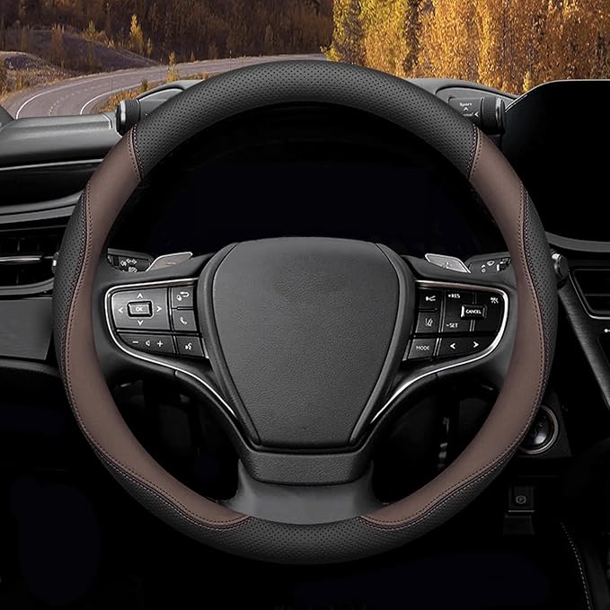 Mihecor Steering Wheel Cover Standard Size 14.5-15 inch, Breathable Microfiber Leather, Anti-Slip, Soft Grip, Fits Most Cars, SUVs, and Trucks, Black and Chocolate Brown