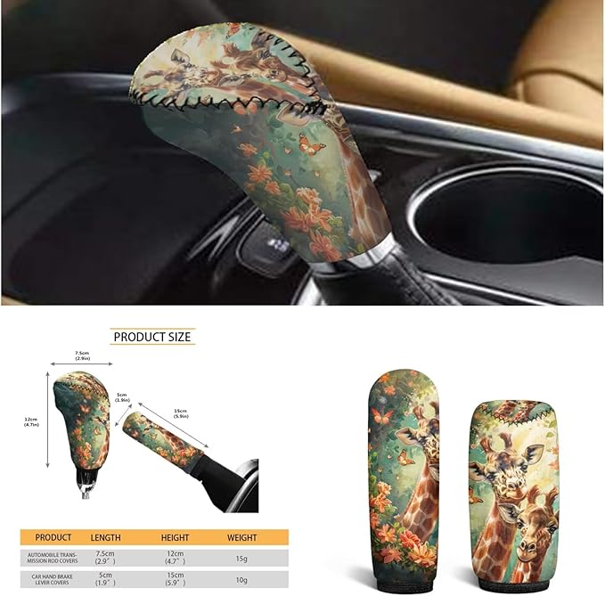 Animal Giraffe Car Steering Wheel Cover Set for Men Women Funny Car Interior Decor Cup Coaster Handbrake Cover Suit for Most Cars Truck Vans SUV