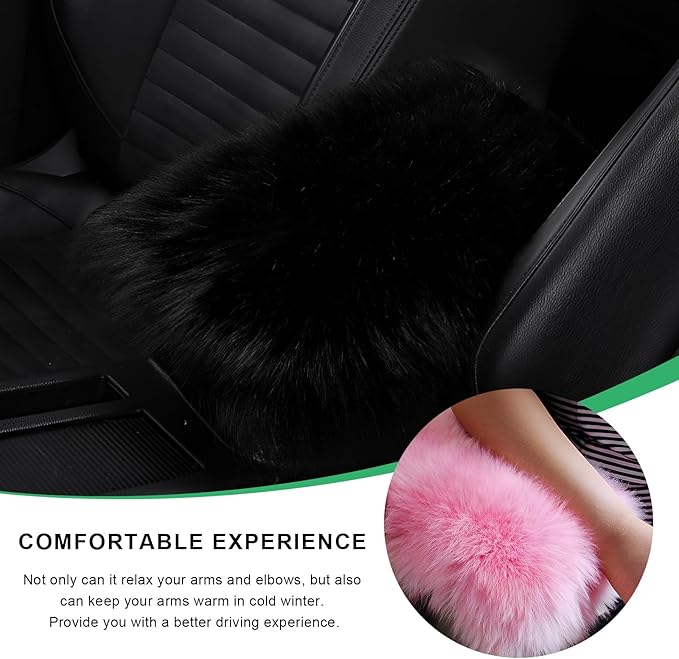 Furry Car Center Console Cover Pad, 11.8"×7.9" Auto Fluffy Plush Center Armrest Protective Cover, Comfortable Fuzzy Armrest Seat Box Protector Cushion for Cars Trucks SUVs (Black)