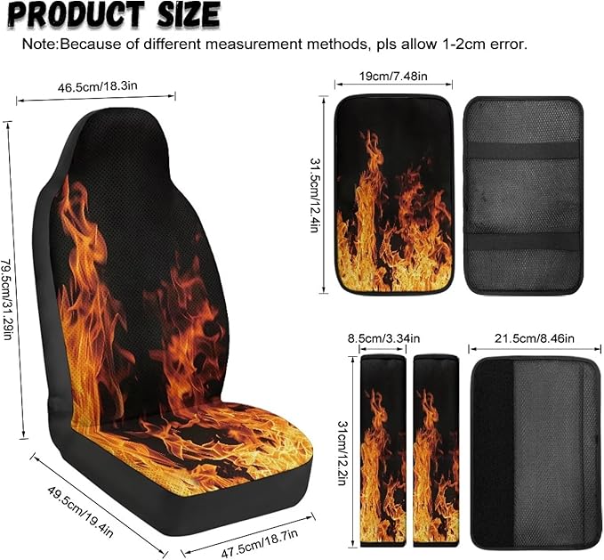 Psesaysky 5-Piece Leather Car Accessories Full Set, Cool Flames Front Seat Covers Set of 2, Armrest Cover, 2 Pieces Seat Belt Covers, Universal Fit, Easy Installation