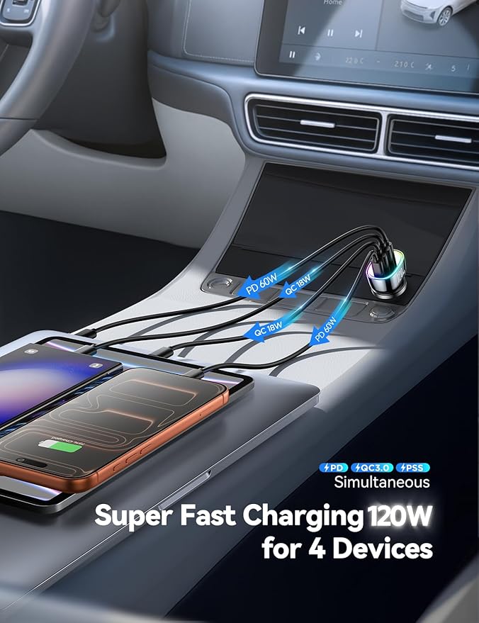 120W for iPhone 17 Pro Car Charger USB C, 4-Port Car Charger Fast Charging, PD&QC3.0 Type C Car Phone Charger, Cigarette Lighter Adapter, Car Accessories for iPhone 16 16e 15 17 Air Pro Max, Samsung