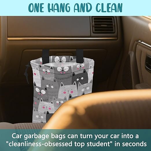 KXWQTRDD Car Garbage Bag Cute Grey Cats Drawstring Car Trash Bag Hanging for Back Seat with Adjustable Buckle Canvas Vehicle Trash Can Easy-to-Install