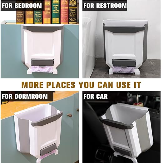 Hanging Kitchen Trash Can, Foldable Waste Bin for Kitchen, Collapsible Hang Small Plastic Garbage Can 2.4 Gallon for Cabinet/Car/Bedroom/Bathroom (White)