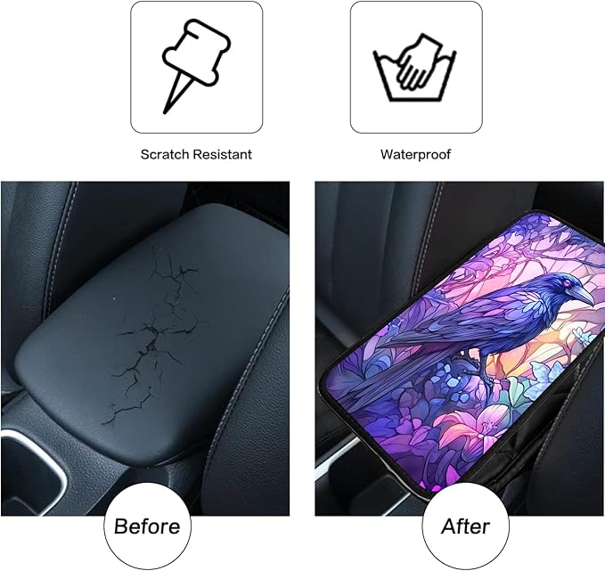 JANENFNA Car Armrest Cover Pads Universal Fashion Cute Auto Center Console Armrest Cover Pad with 2PCS Car Coasters Soft Waterproof Car Armrest Seat Protector for Women,Beautiful Crow