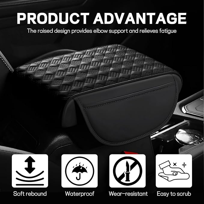 Hbxdeco Car Armrest Cushion, 12.2"×8.3" Leather Auto Memory Foam Center Console Pad with Storage Pocket, Waterproof & Anti-Scratch Elbow Pillow Armrest Seat Box Protector, Universal Fit (Black)