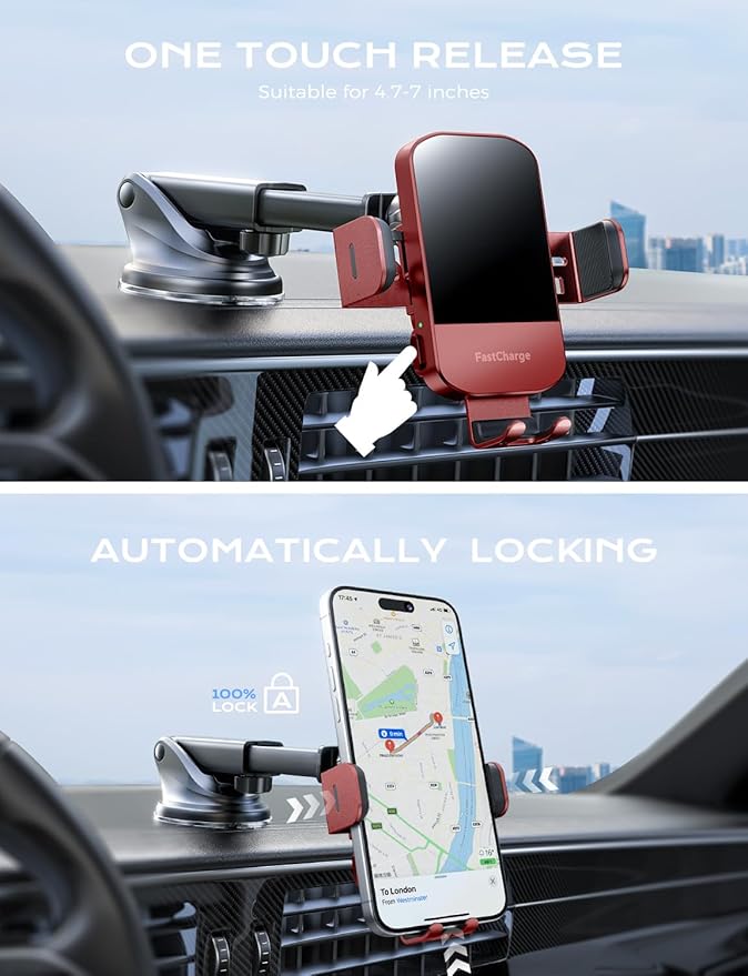CHGeek 15W Fast Charging Auto Clamping Car Charger Phone Mount Phone Holder (Red)