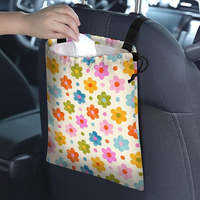 GEGEPINK Car Trash Bag Hanging Back of Seat Waterproof Small Cute Printed One-Handed Strap Drawstring Garbage Bags for Car-Flower