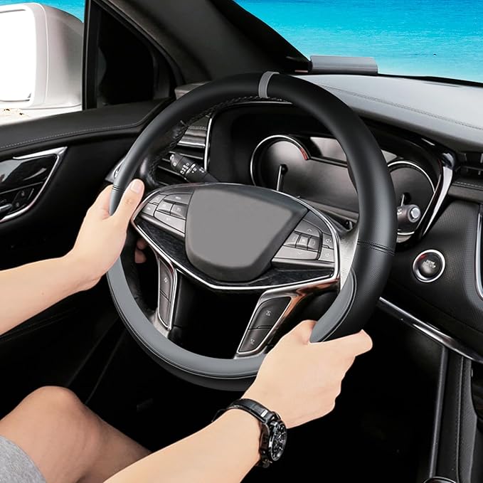 Black Gray Car Steering Wheel Cover, Nappa Leather, Bottom Color Blocking, Universal 14.5-15 Inch Leather Anti-Slip Breathable Auto Steering Wheel Covers for Men Women