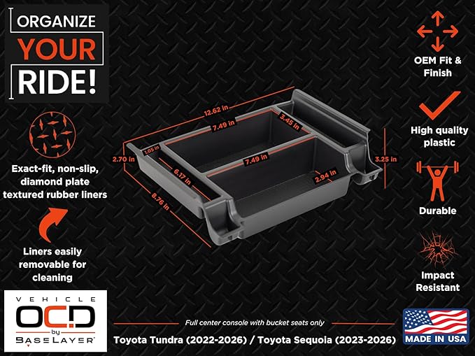 Vehicle OCD - Center Console Organizer Tray for Toyota Tundra (2022-2026) / Sequoia (2023-2026) – Made in USA - NOT compatible with center console safe - SLX184