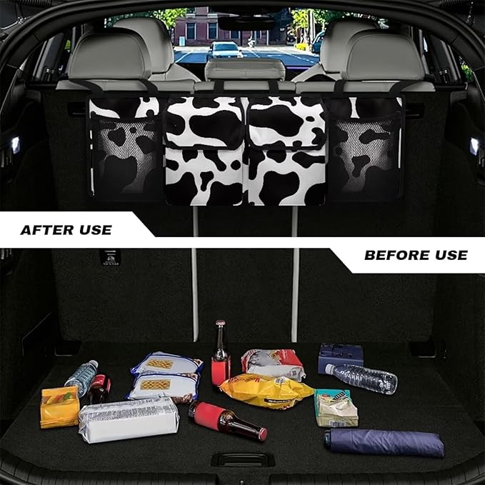 SEANATIVE Black Cow Car Trunk Organizer, Large Capacity Car Organizer SUV, Equipped with Robust Elastic Net, Hanging Car Storage Organizer with Lids, Space Saving Expert