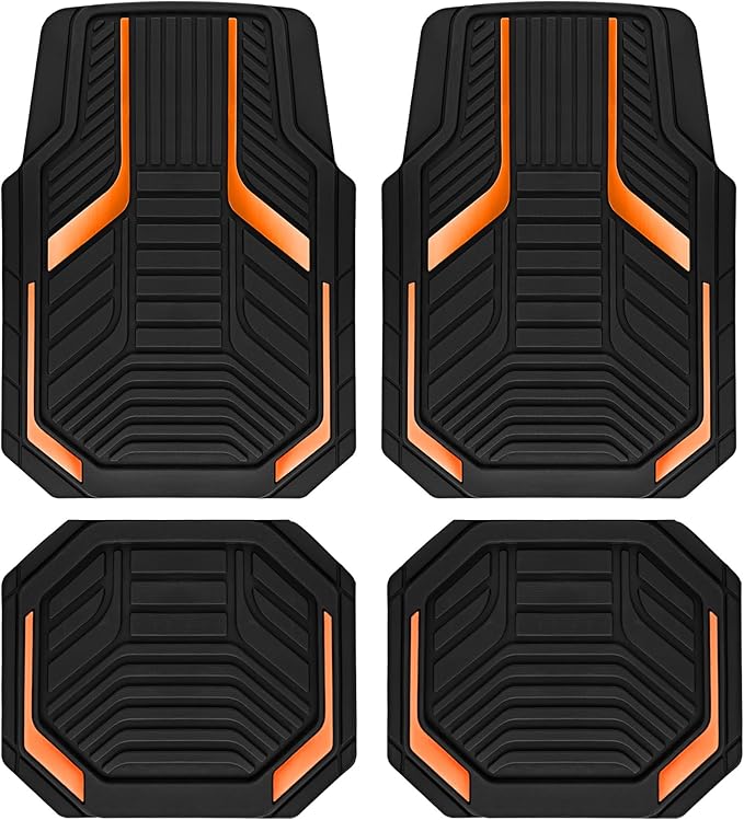 PIC AUTO Heavy Duty Rubber Floor Mats, Orange Aluminum Film Car Mats Set, Front and Rear Car Mats with Anti-Slip Backing, All Weather Protection, Trim-to-Fit for Automotive SUV, Sedan, Van