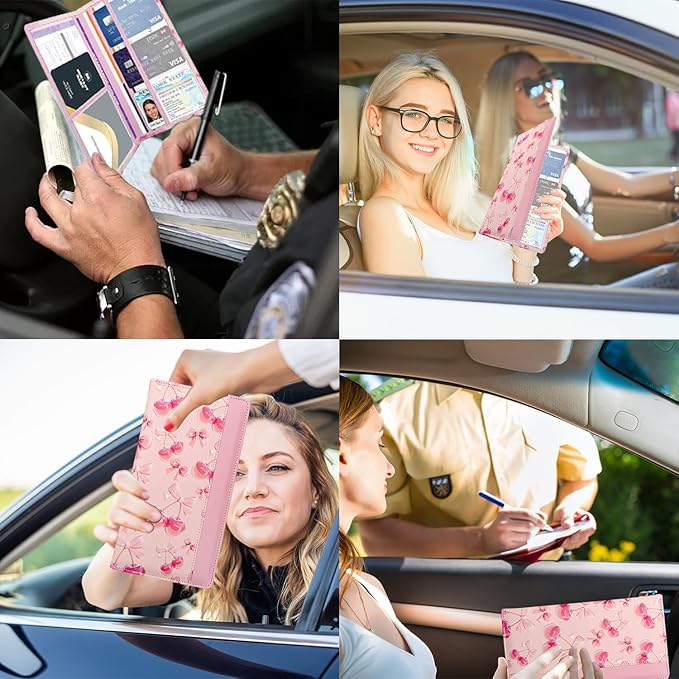 FinestHouse Car Registration and Insurance Holder with Magnetic Closure, Universal Document Organizer for License, Insurance Cards & Glove Box Storage (Cherry-Pink)