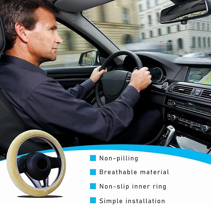 Augeny Fuzzy Car Steering Wheel Cover, Anti-Slip Soft Plush Steering Wheel Protector, 15 Inch Elastic Wheel Covers, Universal Vehicle Interior Winter Warm Accessories for Men Women (Beige)