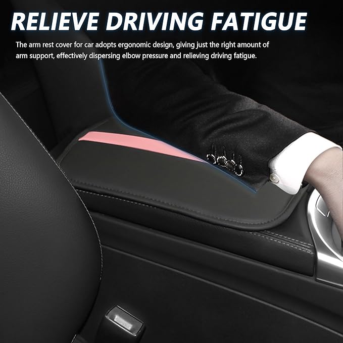 Car Center Console Cover,Leather Arm Rest Cover for Car Keep Scratches on Center Console,Striped Patchwork Middle Console Cover Car Accessories Interior for Most Vehicles (Black/Pink)
