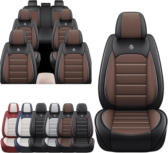 JOJ Car Seat Cover for Ford Expedition Max Seat Covers for Cars 2018-2026,Leather Waterproof Car Seat Covers Full Set,All Weather Tech Car Seat Protector,8 Seats Black Coffee