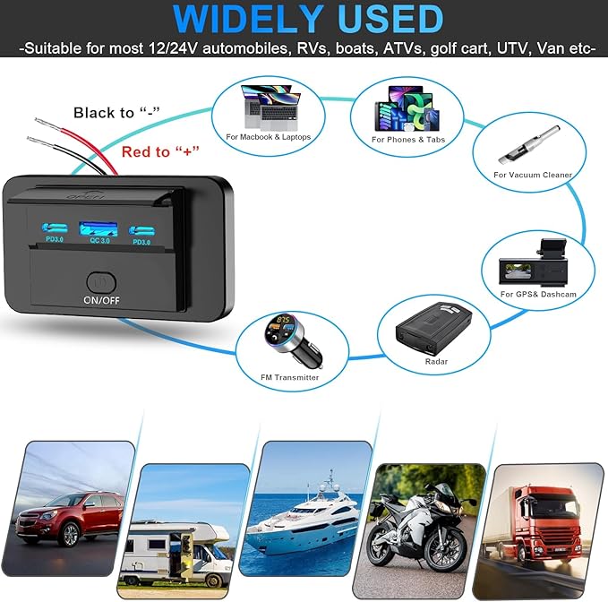 3 Ports 12V RV USB Outlet 90W, Dual PD3.0 Type-C Quick Charge 72W & USB QC3.0 18W Panel Wall Mount, Automotive Car Socket Charger Adapter for RV Marine Boat Bus ATV Motorcycle Truck