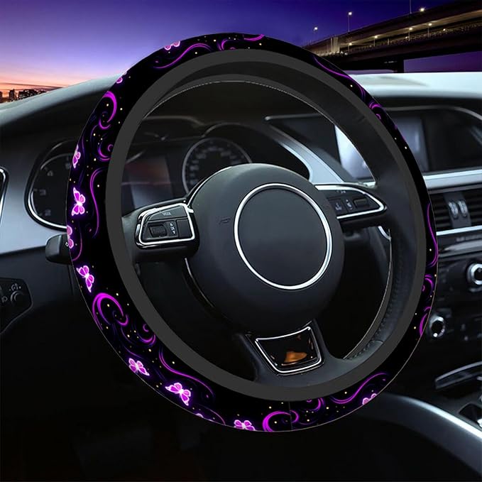 Swono Butterfly Purple Steering Wheel Cover for Men Women Abstract Purple Butterfly and Flower On The Black Universal 15 Inch Auto Neoprene Case Anti-Slip Car Wheel Protector