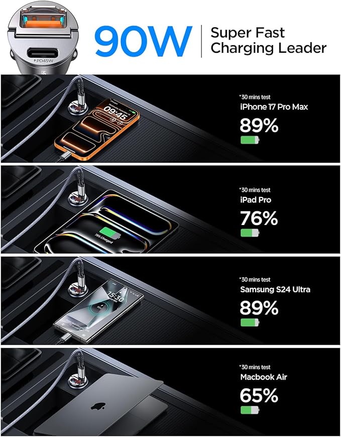 MRGLAS 90W USB C Car Charger Fast Charging,[Invisible Design] All Metal Car Charger USB C PD45W+QC3.0 Dual Port Cigarette Lighter Car Adapter for iPhone 17 16 Pro Max Air Plus 15 Samsung S25 Ultra