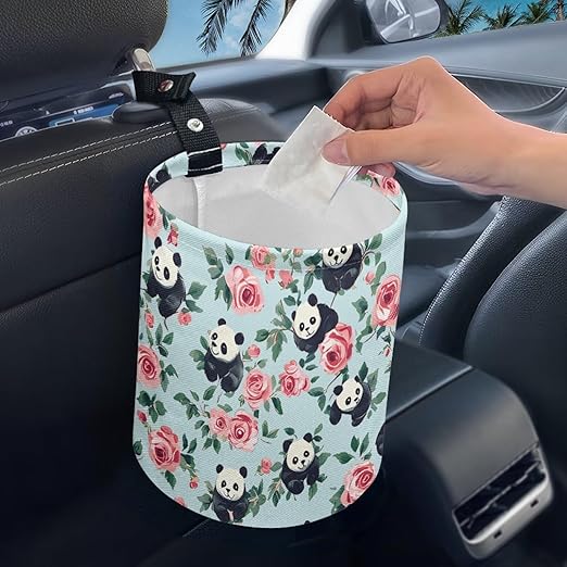 Brosoneto Panda Flower Car Trash Can Cute Garbage Bin Hanging Portable Dustbin Bin Waste Basket Collapsible Small Trash Can Easy to Clean