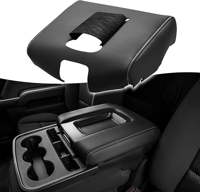 KBH Auto Center Console Armrest Cover Replacement for Chevrolet Silverado & GMC Sierra 1500 2500 3500 2014-2018, Vinyl Leather Middle Console Lid Upholstery, Split Bench Jump Seat (Black-Gray Stitch)
