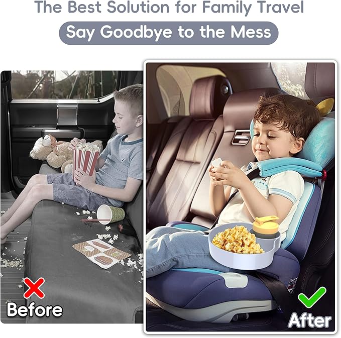 2PCS Resptasski Car Seat Cup Holder Snack Tray for Kids – Travel Tray for Car, Booster, Stroller, Outdoor Essentials Kit. Universal Adjustable Tray with Detachable Base for Snacks, Toys, Food (Grey)