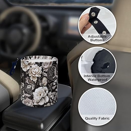 Brosoneto Car Trash Can - Black and White Flowers Printing Garbage Bin Decoration for Car Interior, Front Seat, Back Seat, Floor, Headrest - SUV, Trucks