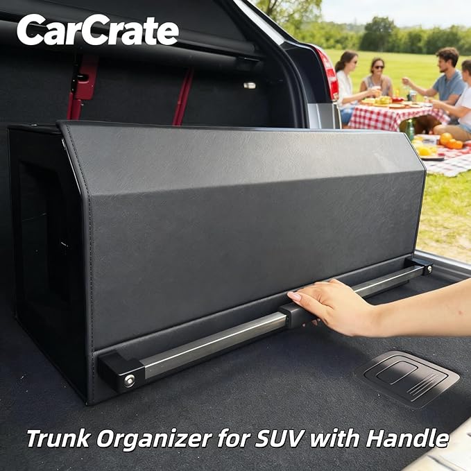 CarCrate Car Trunk Organizer for SUV, Car Organizer Trunk Storage with Magnetic Lid & Push-pull Handle, Leather Waterproof Car Storage Organizer Trunk for Sedan Minivans Van (11.4''*20.5''*12.2'')