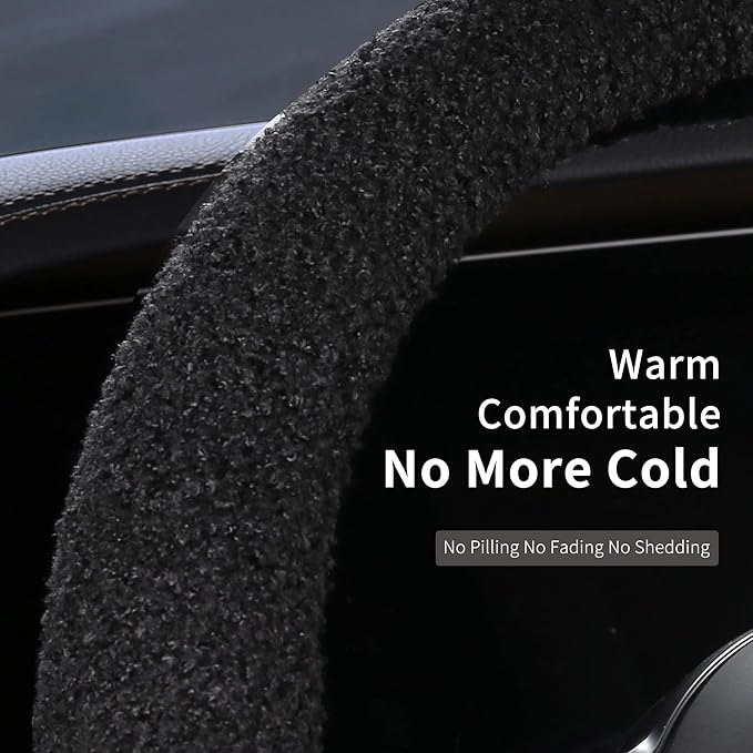 Furry Winter Car Steering Wheel Cover for Women, Soft Fleece Plush Warm Universal Auto Accessories for Jeep, Truck, Van, F150, Fuzzy, Anti Slip, Black, Large Size, 15.2-16in