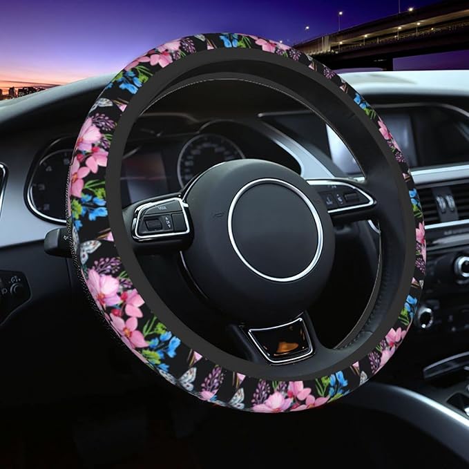Beautiful Butterfly Steering Wheel Cover for Women Men with 2 Pcs Car Coasters, Universal 14.5-15 Inch Flowers Steering Wheel Covers Non-Slip Car Accessories for Girls