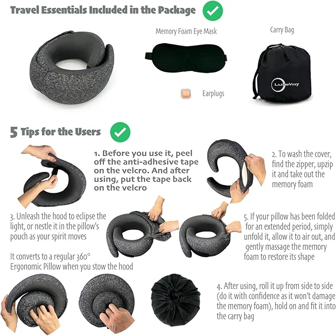 LuxeVoy 2025 Travel Neck Pillow,Stowable Hood,Ergonomic Neck Pillow Airplane,Premium Memory Foam,360º Support,Adjustable Fit,Washable Cover,Complete Travel Set,for Flight,Car and Office (Matt Black)