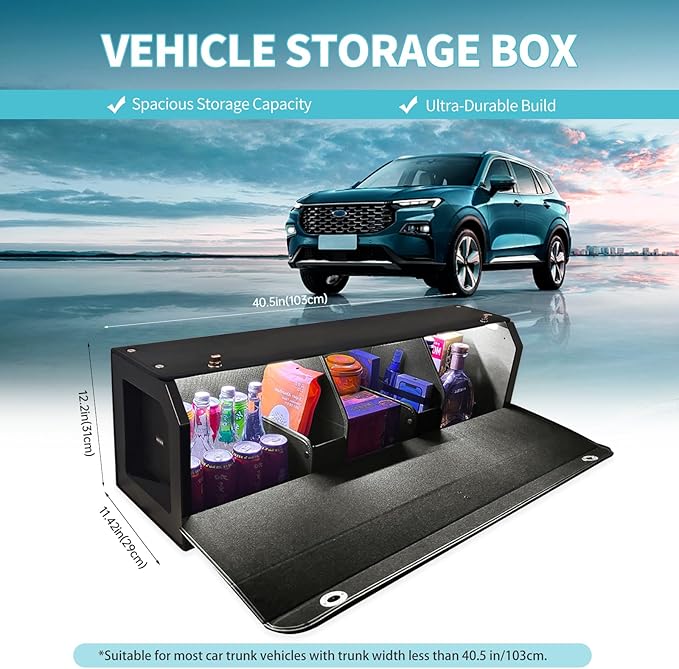 XCF Car Trunk Organizer, Leather Trunk Organizer with LED Light Car Storage Box with Lid and Push-pull Handle Organizer Trunk Storage for SUV, Trunk, Minivan (Black, 40.5 x 11.4 x 12.2in)