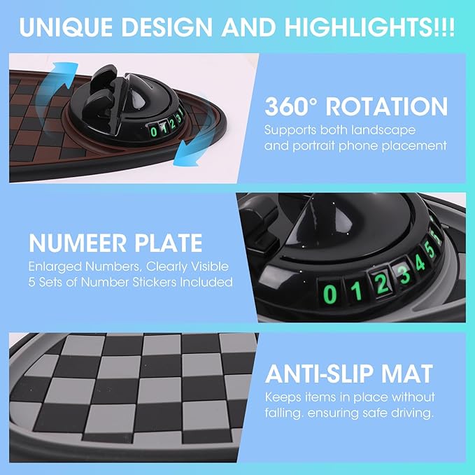 Multifunction Car Anti-Slip Mat Exclusive Phone Holder, Rotatable Car Phone Holder Dashboard Pad with Temporary Parking Number, Huge Capacity for Phones, Keys and Sunglasses (Black+Brown)