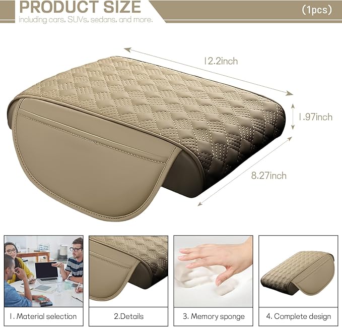Hbxdeco Car Armrest Cushion, 12.2"×8.3" Leather Auto Memory Foam Center Console Pad with Storage Pocket, Waterproof & Anti-Scratch Elbow Pillow Armrest Seat Box Protector, Universal Fit (Beige)