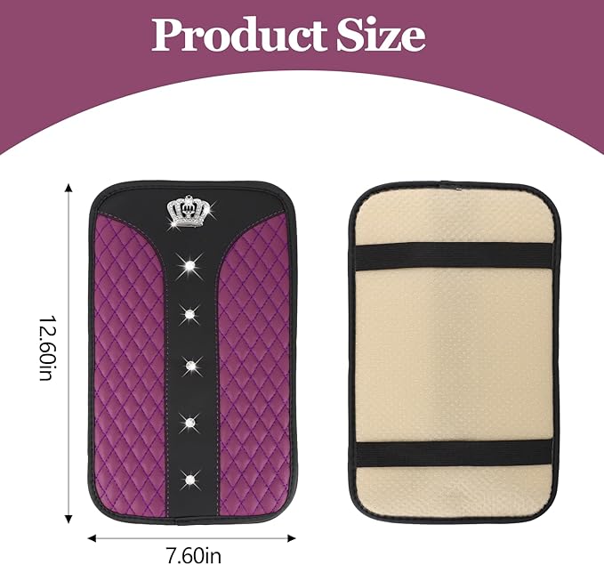 Bling Crown Car Center Console Cover, 12.7"×7.7" Armrest Cover for Cars, Waterproof Leather Arm Rest Box Pad Cushion, Universal Middle Console Cover Protector, Car Accessories (Purple)