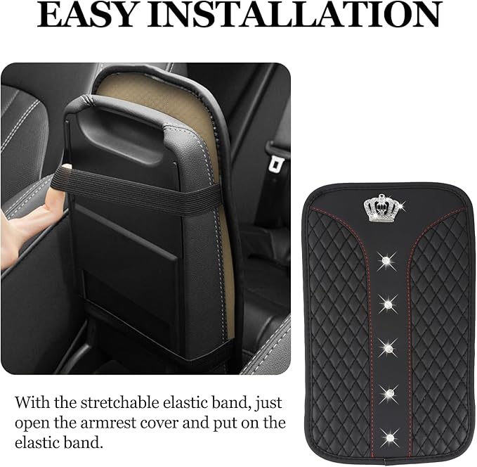 Bling Crown Car Center Console Cover, 12.7"×7.7" Armrest Cover for Cars, Waterproof Leather Arm Rest Box Pad Cushion, Universal Middle Console Cover Protector, Car Accessories (Black)